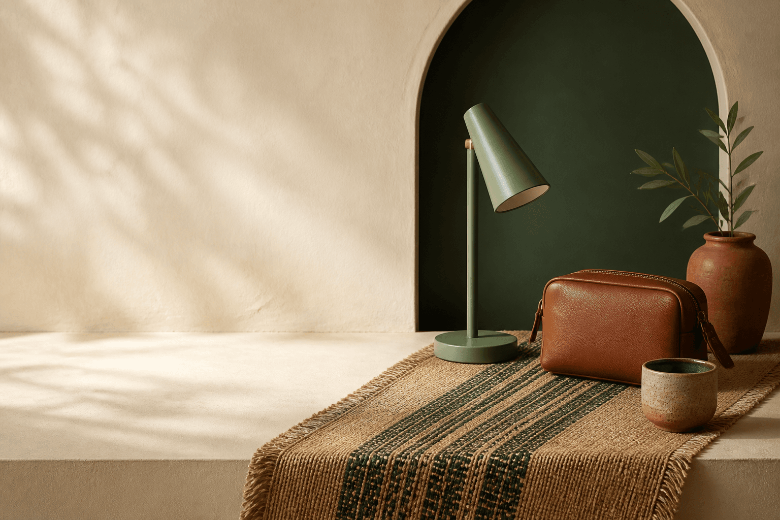 A curated desk lamp, leather carry pouch, handwoven runner and ceramic cup
